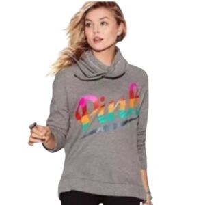 PINK Victoria's Secret LG Gray Cowl Neck Rainbow Pullover Sweater